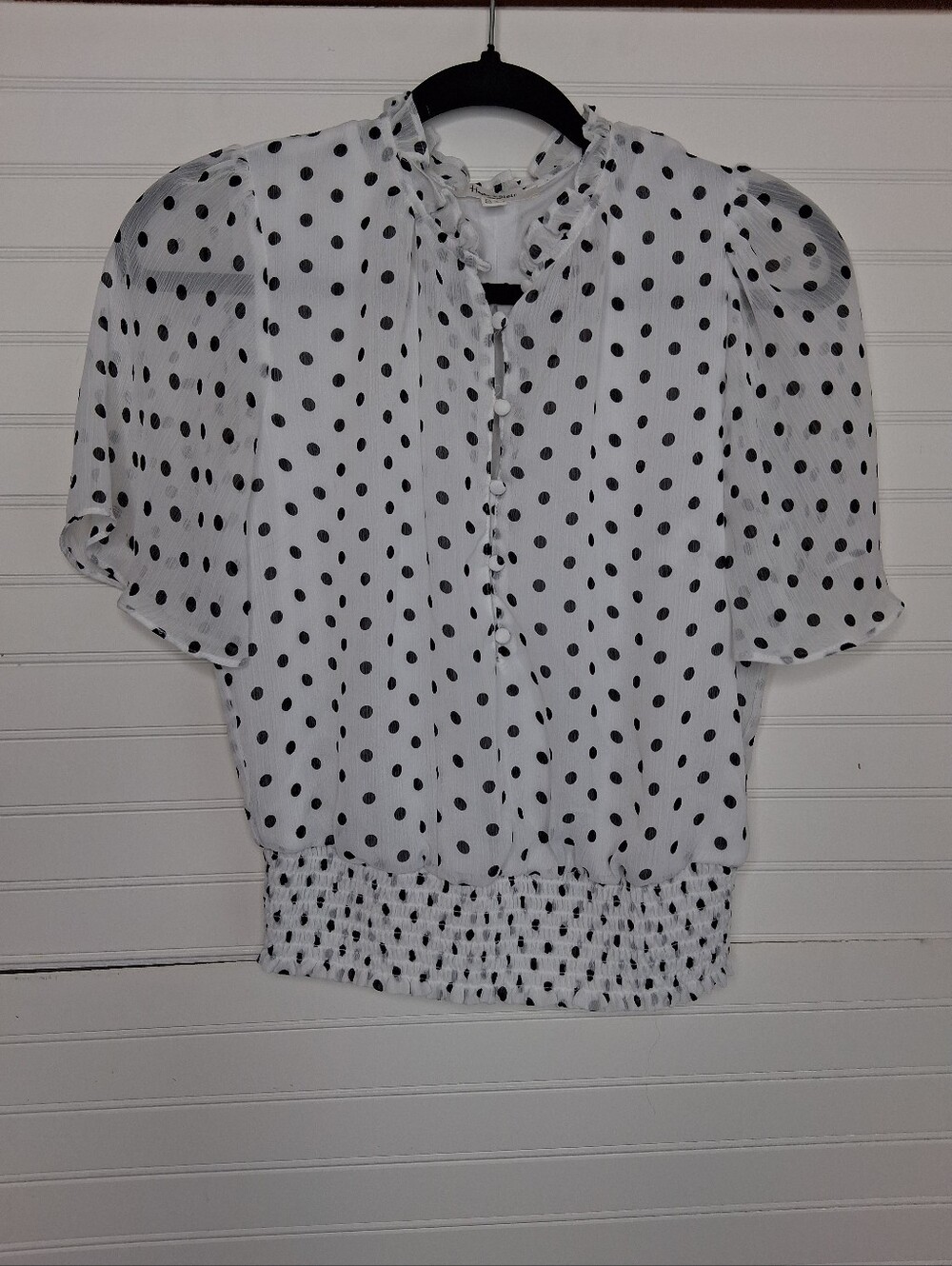 Haver & Blair Women's White Polka Dot Semi Sheer Blouse with Smocked Hem Sz S